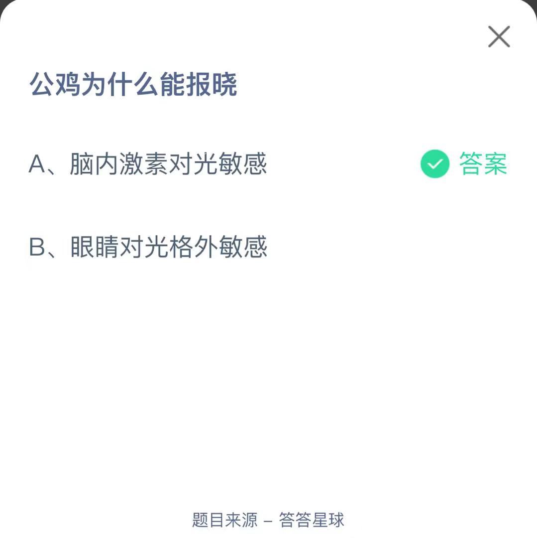 支付宝蚂蚁庄园小课堂公鸡为什么能报晓