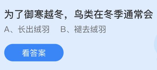 为了御寒越冬鸟类在冬季通常会怎样？蚂蚁庄园小鸡课堂最新答案11月24日