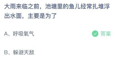 大雨来临之前池塘里的鱼儿经常扎堆浮出水面主要是为了？蚂蚁庄园小鸡课堂最新答案5月21日