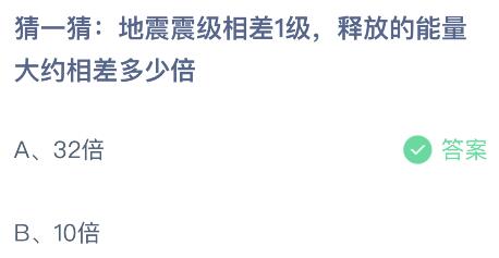 地震震级相差1级释放的能量大约相差多少倍？蚂蚁庄园今日答案最新9.4