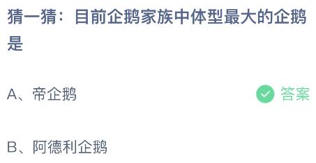 目前企鹅家族中体型最大的企鹅是什么哪一种？蚂蚁庄园小鸡课堂最新答案9月4日