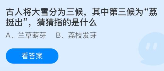 古人将大雪分为三候，其中第三候为“荔挺出”指的是什么？蚂蚁庄园课堂最新答案12月6日