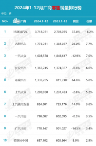 中国2024年销量最高车企出炉：特斯拉进入前10 挤